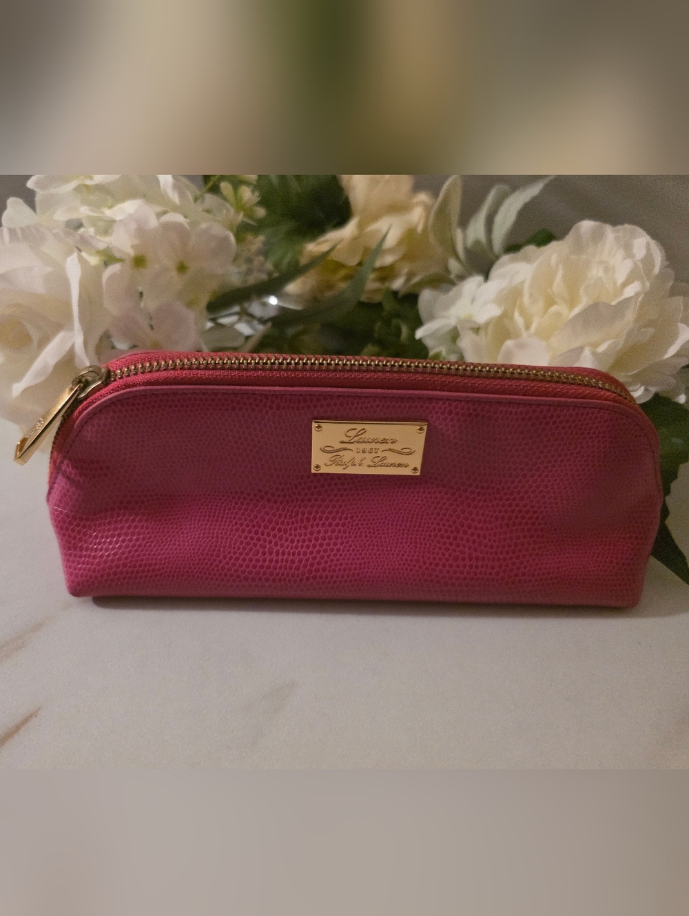Ralph Lauren Pink Textured Cosmetic Pouch with Gold Plaque